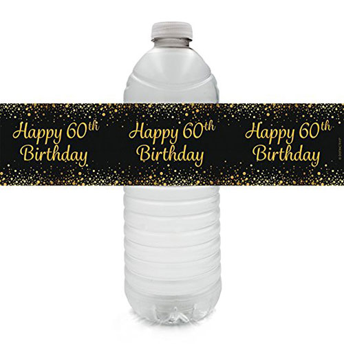 Black & Gold 60th Birthday Party Water Bottle Labels